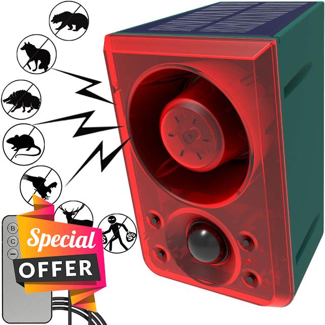 Solar Outdoor Motion Sensor Alarm - Dog Barking & Gunshot Sound 130db Motion Detector Alarm Light