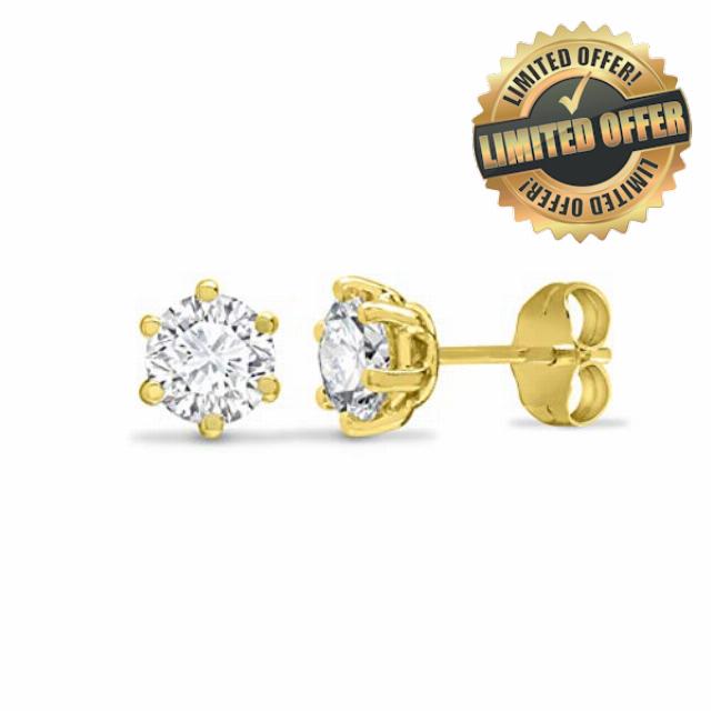 Jewelco London Solid 9ct Yellow Gold White Round Brilliant Cubic Zirconia 6 Claw Solitaire Heavy Weight Stud Earrings
