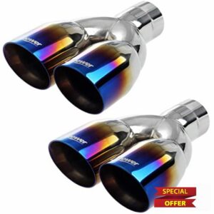 Upower Pack of 2 Dual Exhaust Tip Tailpipe 2.5 Inch Inlet 3.5" outlet 9.5" Length Blue Burnt Polished Tip Staggered(Double Wall Slant Edge)