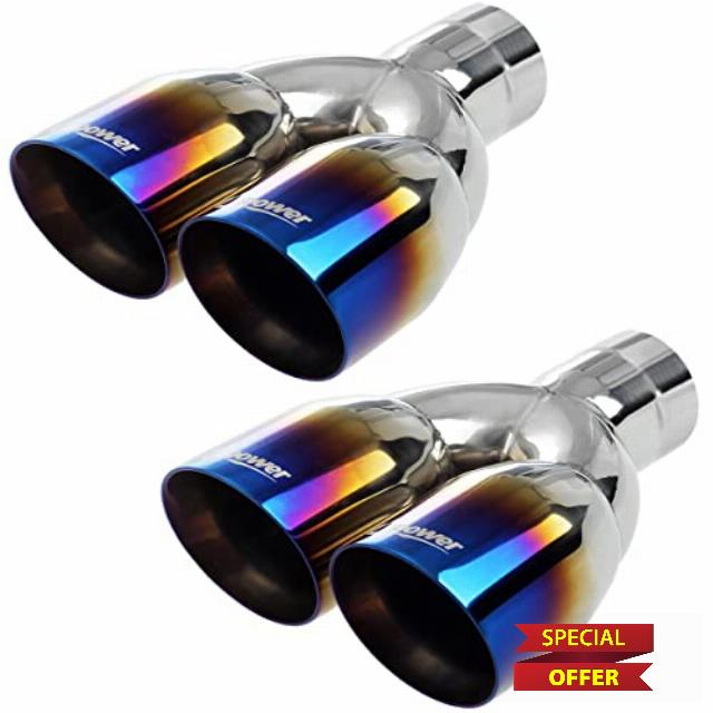 Upower Pack of 2 Dual Exhaust Tip Tailpipe 2.5 Inch Inlet 3.5" outlet 9.5" Length Blue Burnt Polished Tip Staggered(Double Wall Slant Edge)