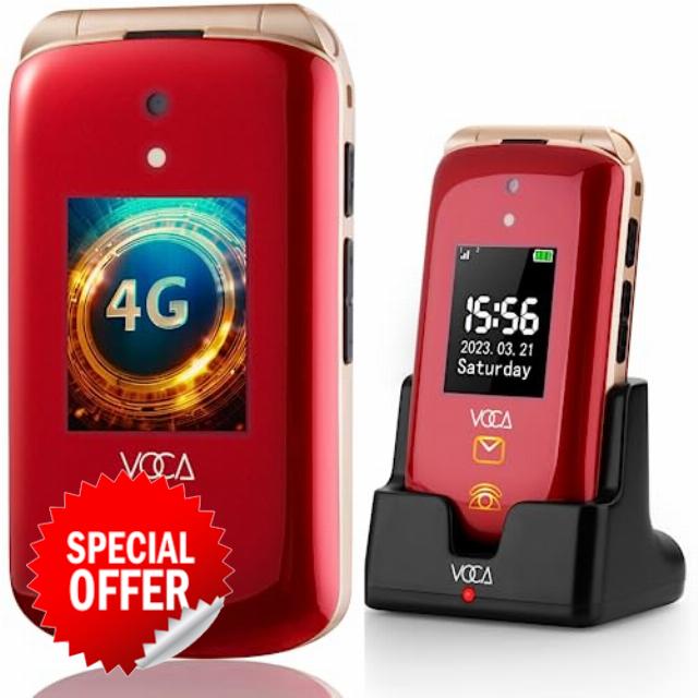 VOCA Big Button Flip Phone for Elderly | Dual Screen | Unlocked 4G LTE | Loud Volume | SOS Button | Hearing Aid Compatibility | Charging Dock | Predictive Text | V543
