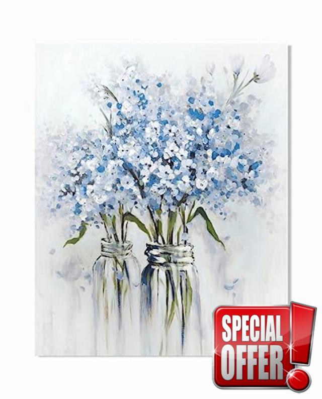 YPY Abstract Bouquet Canvas Wall Art: Blue Flower in Vase Artwork Hand Painted Oil Painting for Teen Girl Bedroom Floral Picture Poster for Living Room Decor 24" x 30"