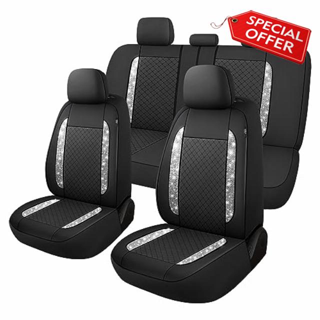 CAROMOP Bling Diamond Pattern Leather Car Seat Covers Full Interior Set -Shining Rhinestone Automotive Seat Cover