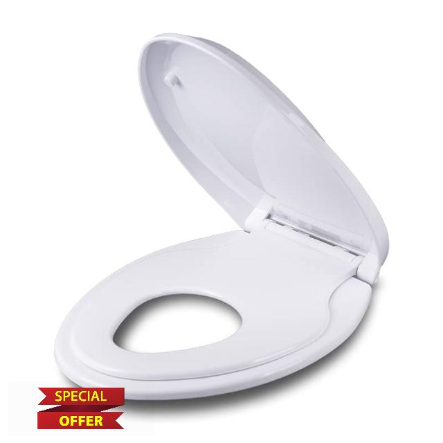 SADALAK Soft Close Toilet Seat with Toddler Seat and Magnetic Potty Training Cover - Quick-Release Elongated Design for Kids - White 18.5"