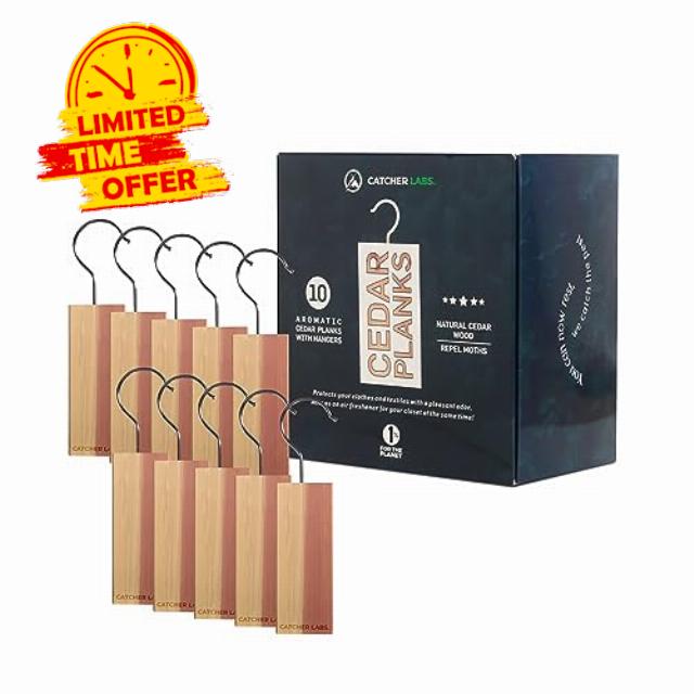 Catcher Labs Cedar Planks for Moth Repellent | Cedar Blocks for Clothes Storage | Better Than Moth Balls for Closet | Cedar Hangers Clothes Moths (10-Pack)