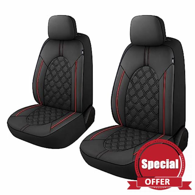 CAROMOP Luxury Leather Car Seat Covers Front Set - Anti-Stain Waterproof Automotive Seat Covers for Cars - Universal Car Interior Covers Seat Protectors for Sedans SUVs Pick-up Trucks(Black/Red Line)