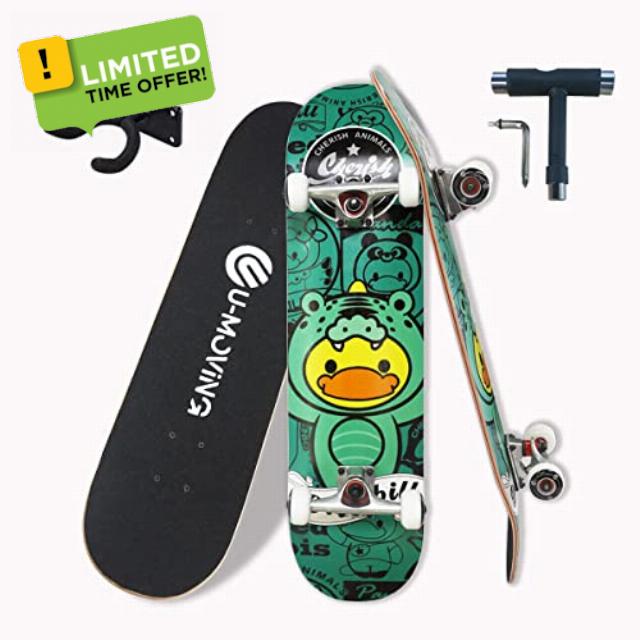 U-Moving Skateboards for Beginner Adults Youths Teens Kids Girls Boys 31"x 8" Skate Boards Canadian Maple Double Kick Concave Complete Standard and Trick Skateboard with T-Tools Backpack & Wall Mount
