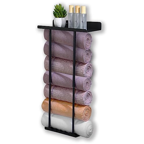 Black Bath Towel Racks for Bathroom Towel Storage Rack with Hanging Hooks & Shelve for Rolled Towel Organizer Modern Towel Shelf