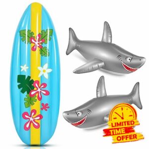 Cunhill 3 Pcs Inflatable Surf Board and Shark Luau Decoration Include 2 Pcs 38.9 in Shark Pool Toy and 60 in Inflatable Surfboard Decor Shark Party Decorations for Adults Boys Girls Surf Beach Party