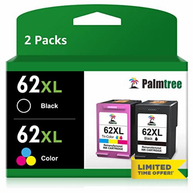 Palmtree 62 XL Remanufactured for HP 62 Ink Cartridges Twin Pack HP62 HP 62XL for HP ENVY 5540 5640 5544 5546 5644 7640 5542 5646 5642 5547 HP OfficeJet 200 250 5740 5742 Printer(1 Black