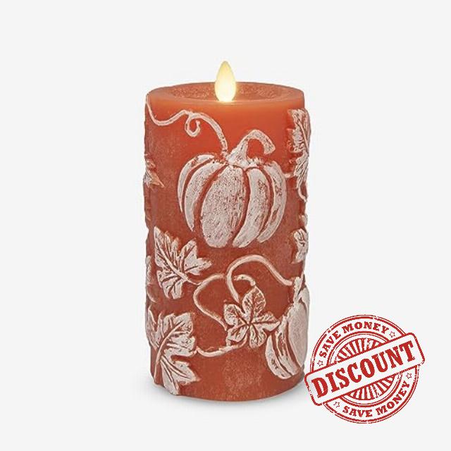 Luminara Embossed Leaves and Pumpkins Moving Flame Pillar Candle 3.25" x 6.5" - LED Battery Operated Candle Lights - Recessed Top - Real Wax - Remote Ready (Sold Separately)