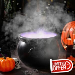 Wettarn Halloween Mist Maker Fogger and Witch Cauldron Kettle with Handle 12 LED Lights Fog Machine Atomizer Mini Mister 7.4" Punch Bowl Plastic Cauldron Pot for Christmas Holidays Parties Decorations