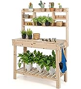 TANGZON Garden Potting Table, Wooden Potting Bench with Flip-Up Tabletop, Shelves & Hanging Hooks...