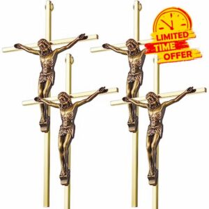 Leinuosen 4 Pieces Crucifix Wall Cross Catholic Slender Metal Crosses Wall Decor Shiny Gold Wall Crosses for Home Decor Hanging Jesus Cross