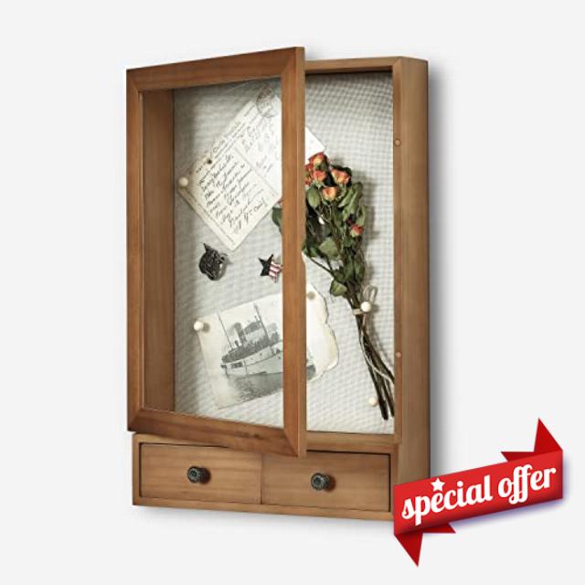 Deep Shadow Box with 2 Drawer Hanging Display Case Wooden Memory Box Picture Frame Display Keepsake Box for Wall and Tabletop Tickets Memorabilia Bouquet Keepsakes Gift 11"x16.5"