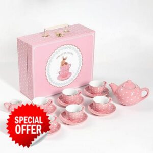 Porcelain Tea Party Set for Little Girls -Cute Mini Ceramic Tea Cups Toy with Carrying Case - Kids Kitchen Pretend Play for Toddlers and Children Ages 3 4 5 6 Years Old Birthday Gift