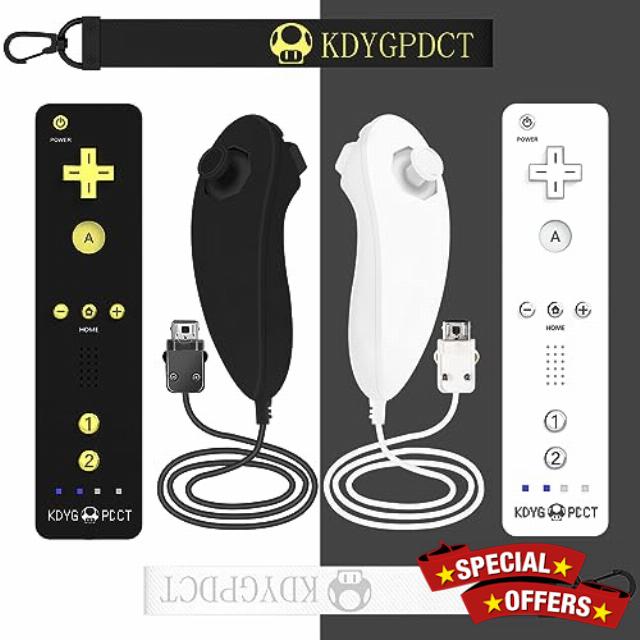 Soanufa 2 Pack Wii Controller with Nunchuck for Nintendo Wii and Wii U Console Built in 3-Axis Motion Plus Motion Gamepad Featuring vibration and sound feedback - Black and White with Wrist Strap