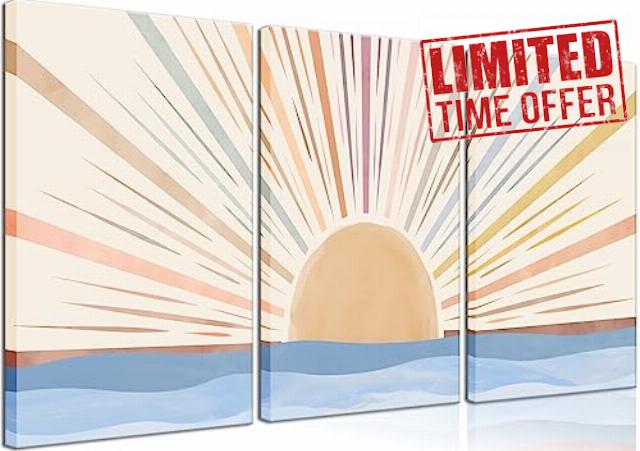 3Pcs Framed Boho Canvas Wall Art Sun Sunrise Yellow Line Pictures Prints Wall Decor Modern Mid Century Rainbow Posters Nature for Living Room Bedroom Bathroom Office Home Decoration12x16inx3
