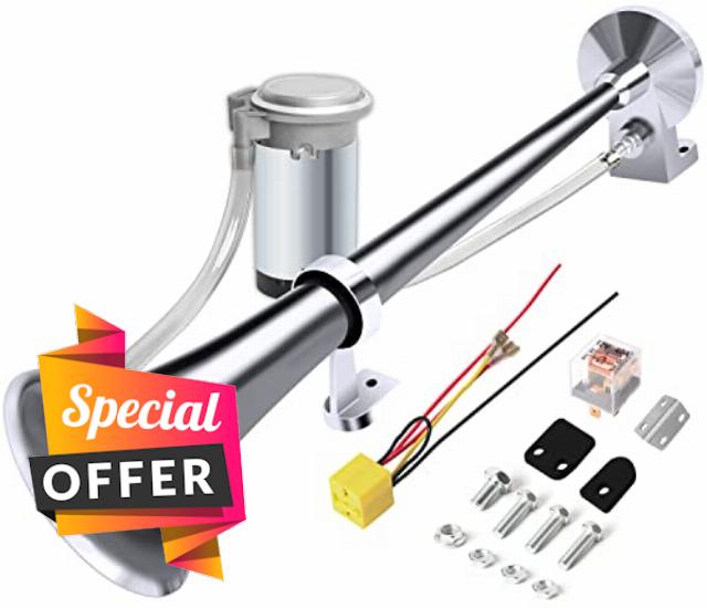 Felemore Truck Horn 12V 150dB Super Loud 18 Inch Chrome Zinc Single Horn Truck Air Horn with Compressor Fits All 12V Cars and Boats (Silver)