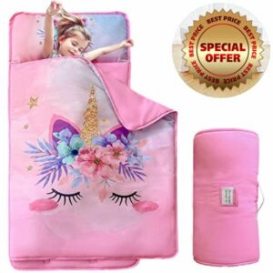 Pink Unicorn Toddler Nap Mat for Daycare Preschool Girls Floral Kids Sleeping Mat Pad Toddler Bedding Set Portable Baby Sleeping Bag with Pillow and Blanket for Travel Camping Outdoor