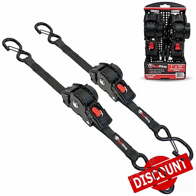 Bull Ring Retractable Ratchet Tie Down Straps – Includes (2) Heavy-Duty 1" x 10' Strap Tie Downs