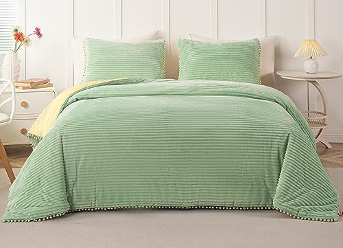3pcs Ball Pom Fringe Aesthetic Pale Green Striped Velvet Reversible Comforter Set Quilt with Pom Poms