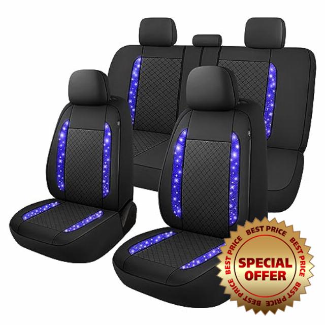 CAROMOP Bling Diamond Pattern Leather Car Seat Covers Full Interior Set -Shining Rhinestone Automotive Seat Cover