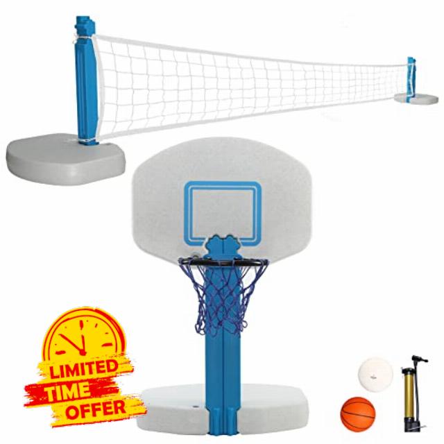 Blue Bay 2-in-1 Pool Basketball Hoop Poolside & Volleyball Set for Inground Pool Games Combo for Swimming Pool.