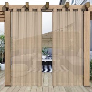 Khaki Linen Look Semi-Sheer Curtains Waterproof Light Filtering Voile Outside Grommet Drapes for Pergola Balcony Pool Indoor 2 PanelsW52 x L96