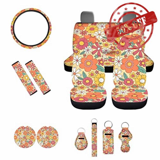 Drydeepin Aesthetic 70s 80s Groovy Hippie Daisy Flower Print Car Accessories Car Seat Covers Full Set with Steering Wheel Covers+Seat Belt Pads+Coasters+Keychain+Lipstick Holder Universal Fit(13 Pack)