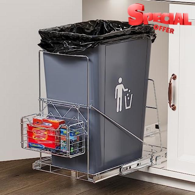 Pull Out Trash Can Under Cabinet with Removable Front Basket for Garbage Bag Kitchen Storage