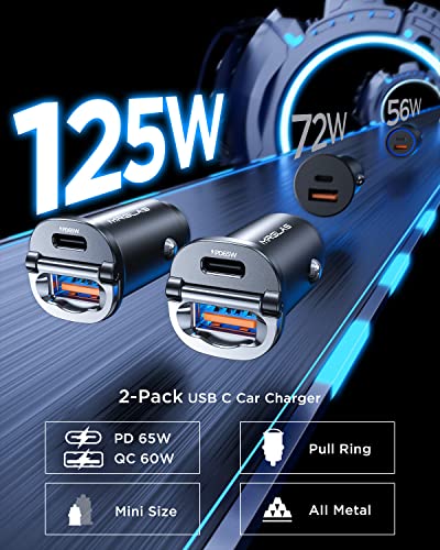 Mini Metal USB C Car Charger Adapter Fast Charging PD65W & QC60W Dual Port MRGLAS Type C Car Cigarette Lighter USB Charger for iPhone 14 13 ProMax iPad Samsung Macbook