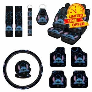 Lyukrsg 15 Pcs Cartoon Car Accessories Set Include Car Seat Cover Car Floor Mats Car Steering Wheel Cover Seat Belt Pads Car Coasters Keychain for Car SUV Truck
