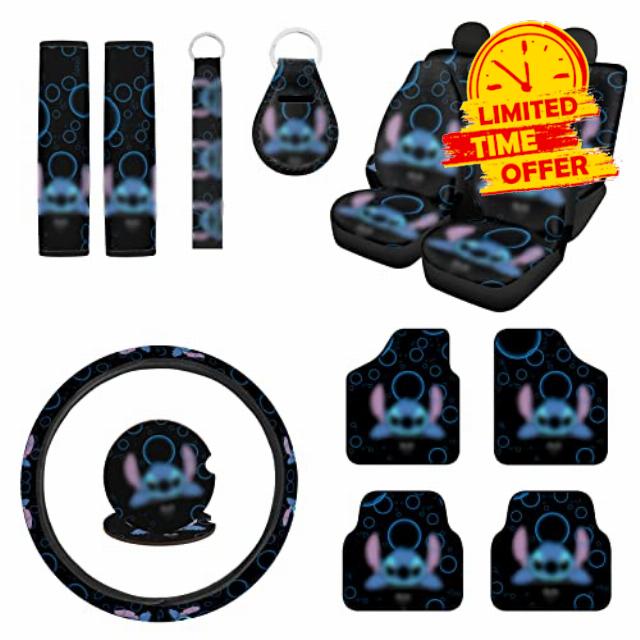 Lyukrsg 15 Pcs Cartoon Car Accessories Set Include Car Seat Cover Car Floor Mats Car Steering Wheel Cover Seat Belt Pads Car Coasters Keychain for Car SUV Truck