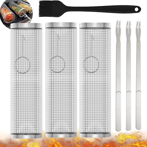 Rolling Grilling Baskets for Outdoor Grilling Stainless Steel Barbecue Net Tube Round Cooking Grate Grill Rack Wire Cylinder for French Fries
