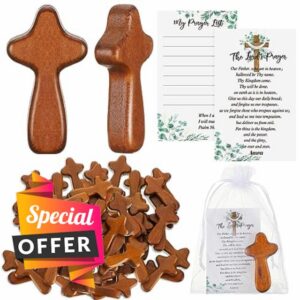 Kigley 60 Set Mini Wood Holding Crosses Bulk 60 Small Pocket Hand Crosses 60 Prayer Cards 60 Organza Bags for Christmas Christian Church Jesus Cross Gift Bulk (Leaves)