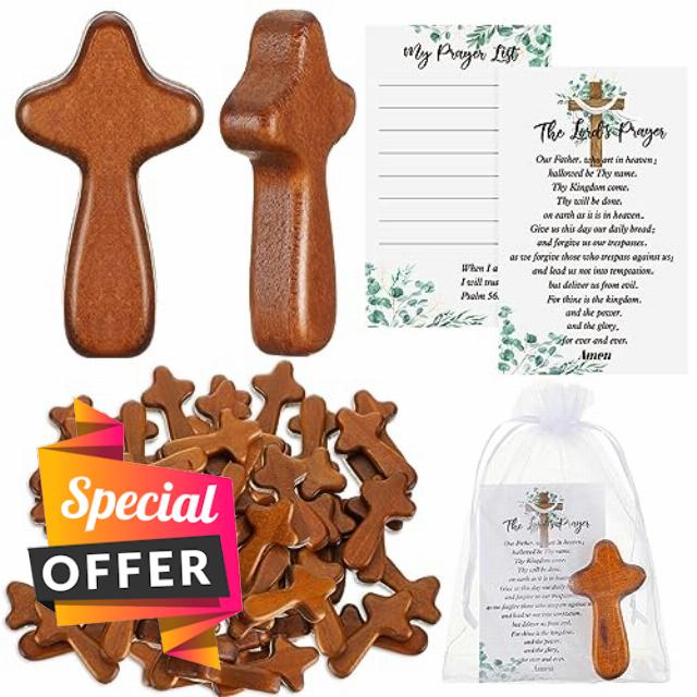 Kigley 60 Set Mini Wood Holding Crosses Bulk 60 Small Pocket Hand Crosses 60 Prayer Cards 60 Organza Bags for Christmas Christian Church Jesus Cross Gift Bulk (Leaves)