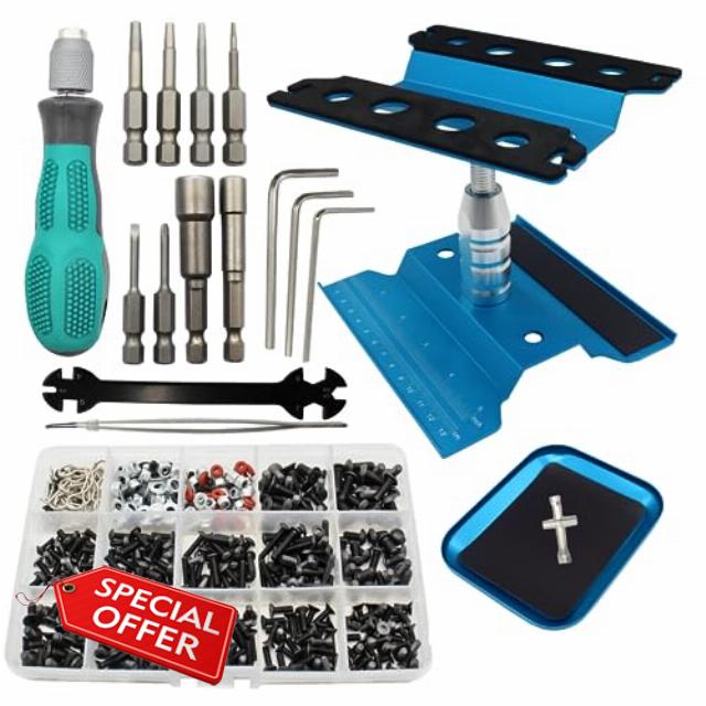 RC Car Repair Work Stand Repair Tool Set 360 Degree Rotation and 523 PCS RC Screws Kit & RC Screwdrivers and Screws Pallet Kit for 1/8 1/10 1/12 1/16 1/18 Scale Crawler Car Truck Buggy (Blue)