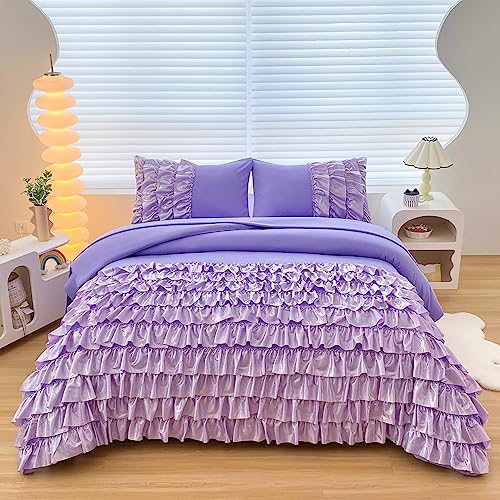 5 Pcs Bed in a Bag Twin Bling Shiny Sequin Ruffle Purple Bedding Sets for Girls Kids