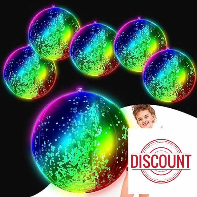 Jexine 6 Pcs 24 Inches Jumbo LED Inflatable Beach Balls Lighted Beach Balls Glow in The Dark Beach Balls Water Inflatable Ball Glitter Ball Outdoor Summer Pool Party Decor for Adults Swimming