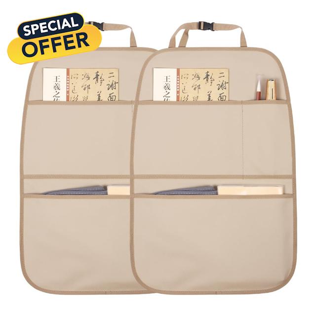 pefirst Kick Mat Back Seat Protector Waterproof Leather Car Seat Back Organizers Cover with 3 Storage Pockets for Kids Pets SUV Sedan Minivan Truck Car Travel Accessories (Beige 2-Pack)
