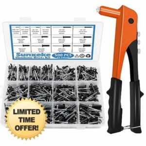 Sunxeke 500pcs Pop Rivets Black Aluminum Rivets Pop Rivets Assortment Kit & Rivet Gun Rivet Tool Hand Riveter