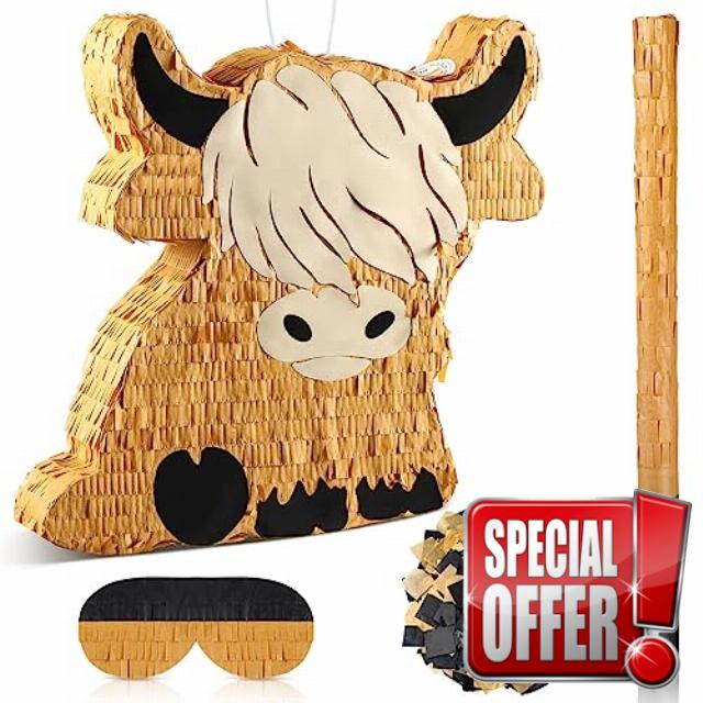 Sratte Cute Highland Cow Pinata Party Supplies Pinata with Blindfold and Bat Highland Cow Party Decorations for Birthday Party Fiesta Party Supplies