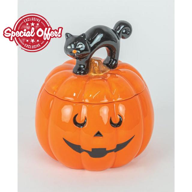 One Holiday Way 8.5-Inch Ceramic Orange Jack-o-Lantern Cookie Jar or Halloween Candy Dish with Black Cat Lid - Covered Lidded Pumpkin Container Tabletop or Kitchen Storage Tableware Office Home Decor