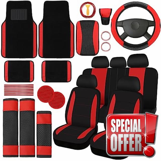 Estune 45 Pcs Car Accessories Set Seat Cover Foot Pad Cup Holder Diamond Sticker Air Conditioner Insert Strips Steering Wheel Armrest Seat Belt Handbrake Gear Cover Vent Trim Strips with Tool