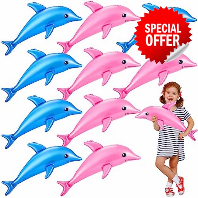 Jenaai 10 Pcs 28.4'' Pearlized Dolphin Inflatable Toy Set Inflatable Dolphin Toy Beach Poolside Aquatic Themed Decor for Dolphin Party Decorations Summer Pool Supplies Favors Birthday Gifts Pink Blue