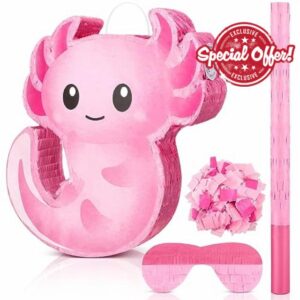 Leyndo Halloween Axolotl Pinatas for Birthday Party Pink Pinata with Stick Blindfold Confetti for Boys Girls Gift Birthday Party Decorations