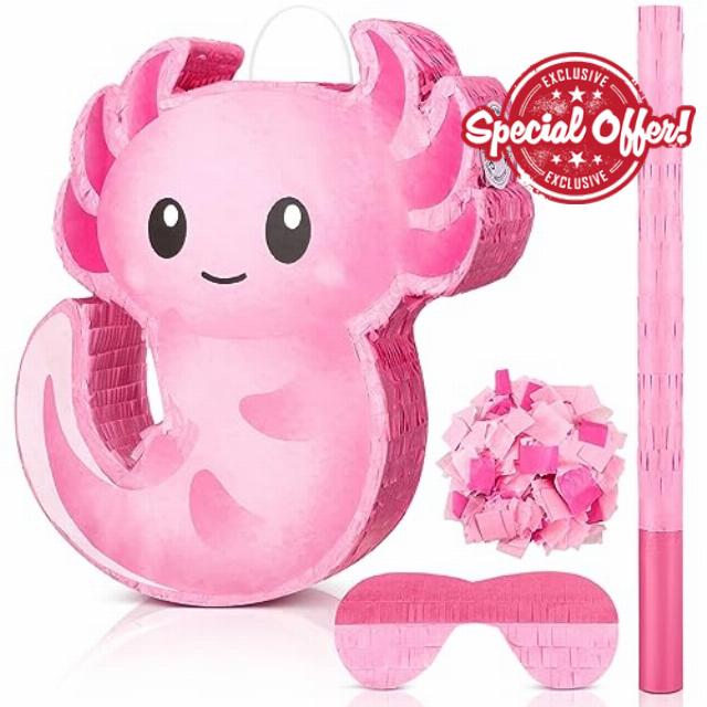 Leyndo Halloween Axolotl Pinatas for Birthday Party Pink Pinata with Stick Blindfold Confetti for Boys Girls Gift Birthday Party Decorations