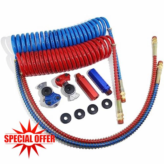 GREPSPUD 15Ft Coiled Air Brake Hoses Assembly and Accessory Kit 40'' & 12'' Pigtails Leads