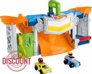 Fisher-Price Little People Hot Wheels Race Track for Toddlers with Lights Sounds and 2 Wheelies Cars